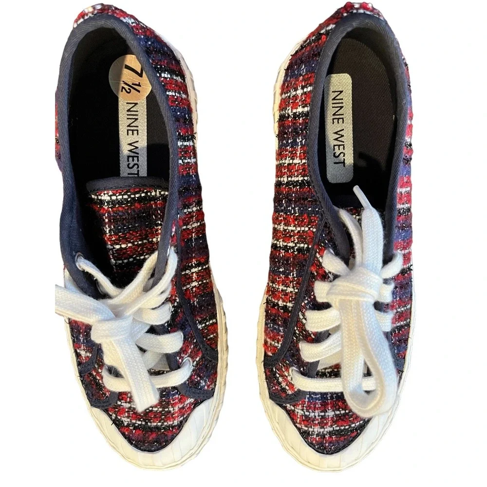 Nine West Sneakers Womens 7.5M Red Blue Plaid Lace Up Casual Deck Shoes